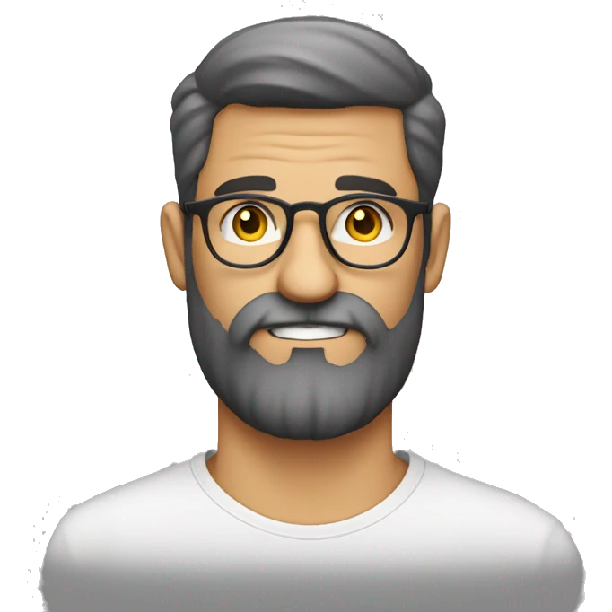 hombre blanco con pelo atado, lentes circulares y barba, vestido con remera oversize emoji