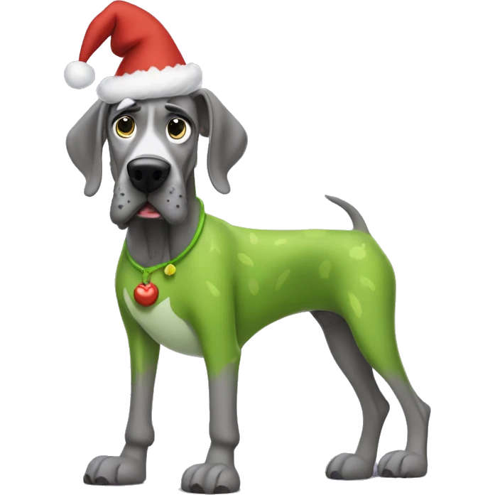 Grey great dane wearing a the grinch costume emoji