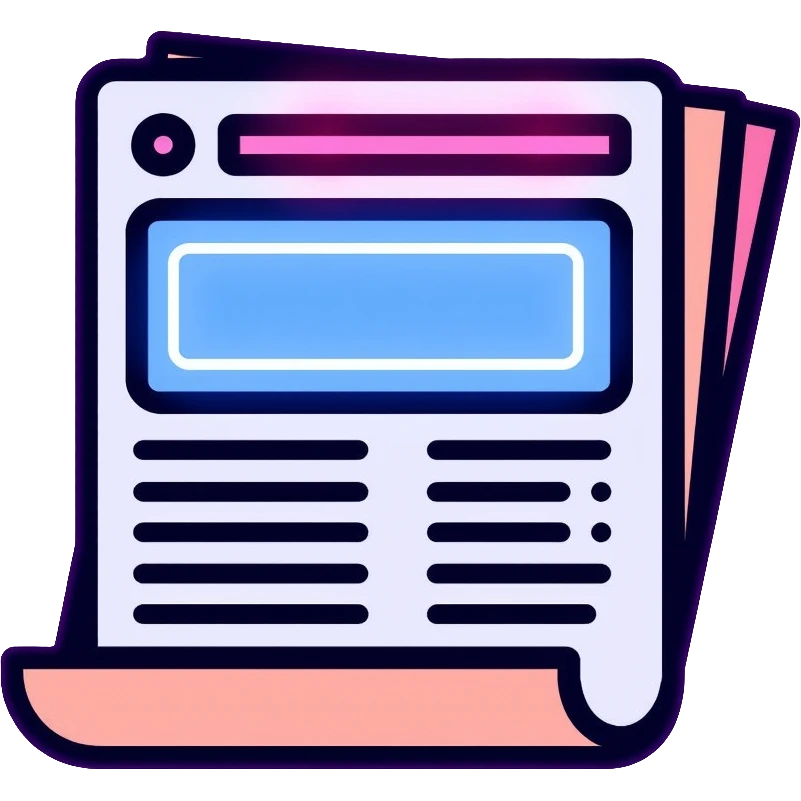 newspaper with breaking news headline, neon glow effect, blue neon glow on top left, purple neon glow on bottom right emoji