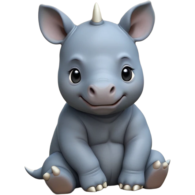 cinematic-baby rhino-full-body-sitting-emoji,white horn, slate grey/blue skin -massive-body-poised-powerfully,-thick-horn-curving-slightly-forward,-head-tilted-dramatically,-rough-grey-hide-covered-in-dust,-simplified-focused-features, large cute black eyes emoji
