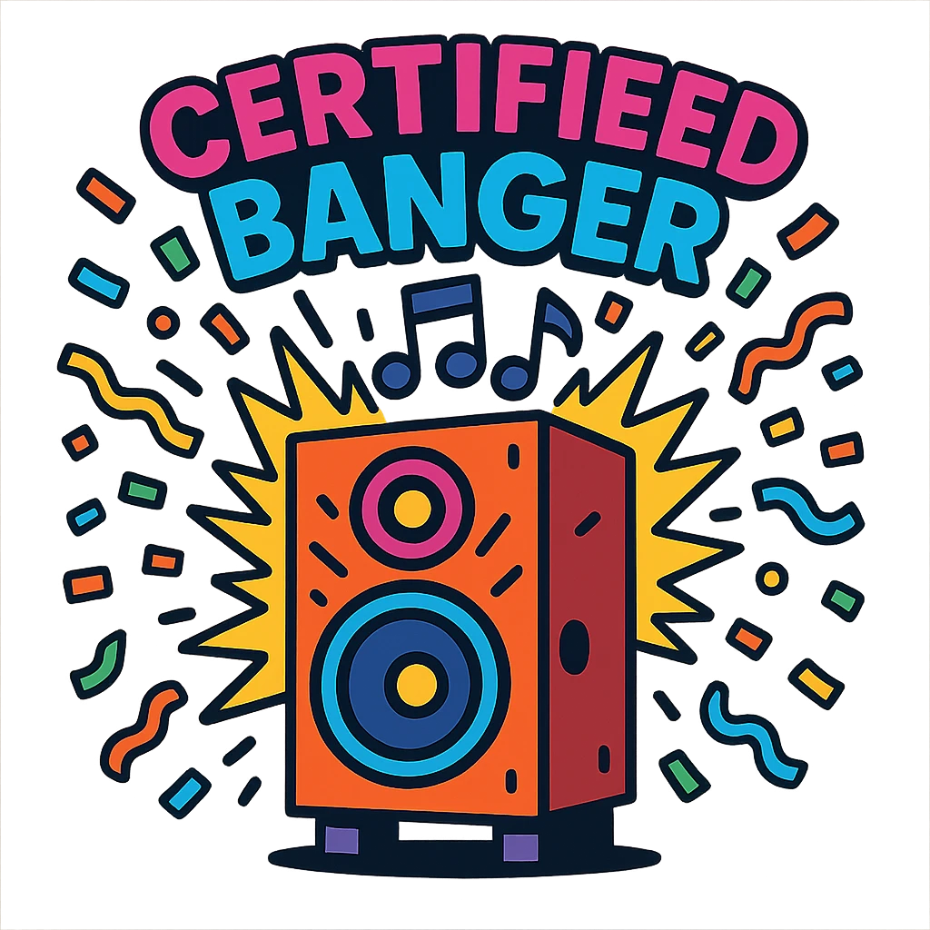 cartoon speaker blasting music with confetti and the phrase certified banger above it colorful lively style emoji