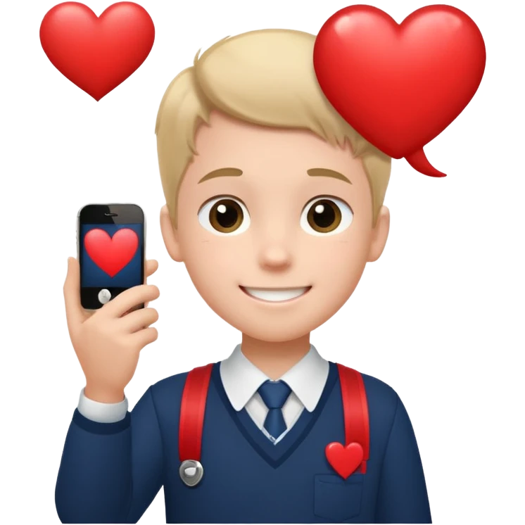 сгенерируй эмоджи где школьник из первого класса в костюме школьном деловом звонит по телефону айфону и от него исходит облачко с сердечками внутри как будто он говорит кому-то по телефону «я тебя люблю» его лицо в немного краснеет и улыбается типо от милоты  emoji