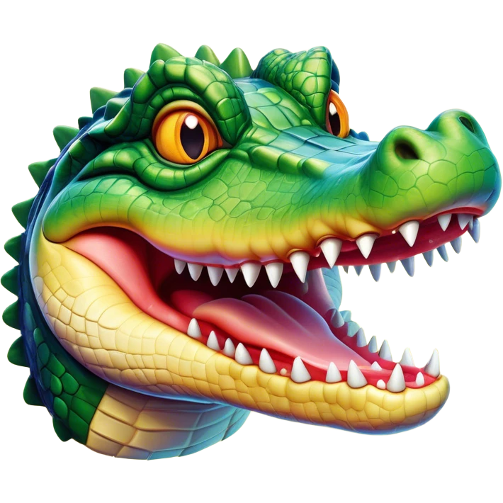 Cinematic Realistic Comical Crocodile Portrait Emoji, Head tilted dramatically with an exaggeratedly amused expression, featuring a striking, glossy scaly hide with bold textures and wide, expressive eyes full of playful disbelief, rendered with vivid natural hues and lifelike detail, high shine, dramatic yet playful, styled with an air of cheeky aquatic mischief, soft glowing outline, capturing the essence of a spirited and over‐the‐top crocodile that looks ready to snap its jaws in a burst of viral wild humor! emoji