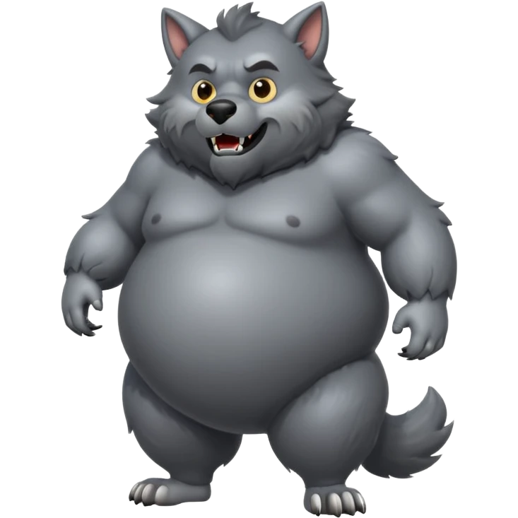 A gray werewolf with his belly inflated, big and round like a balloon emoji