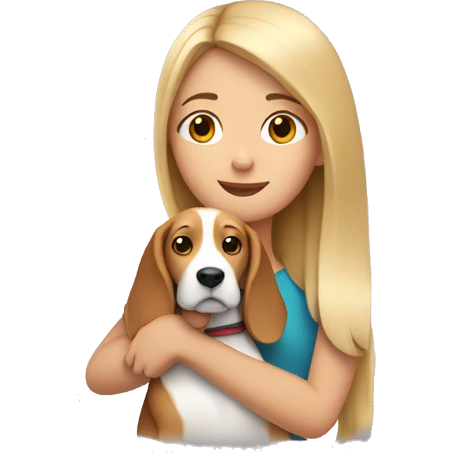 Girl with long light hair hugging a beagle emoji