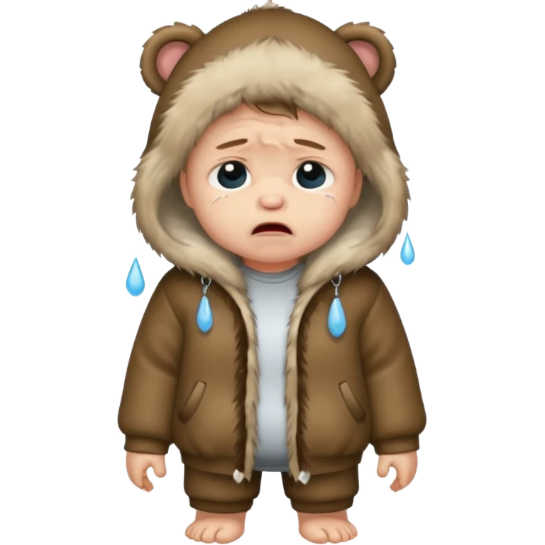 a full body of baby boy wearing fur clothing, crying



















 emoji