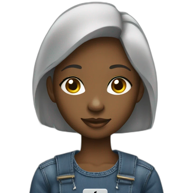 a young african girl who is a programmer using her mac book to code and where a denim top emoji
