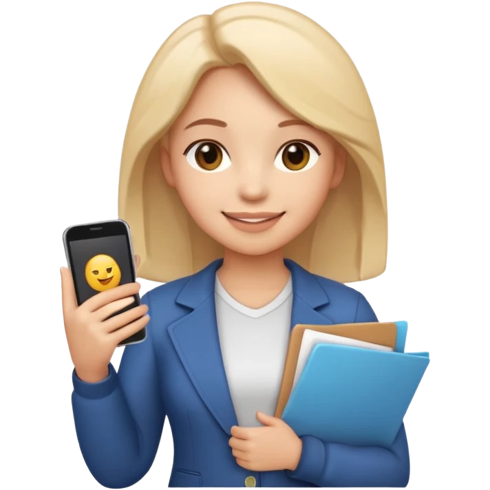 3D emoji style sticker, confident young woman, white background, smiling, standing upright, holding a smartphone and a document, relaxed and proud expression, student success vibe, soft lighting, minimalistic, clean astrology emoji style emoji