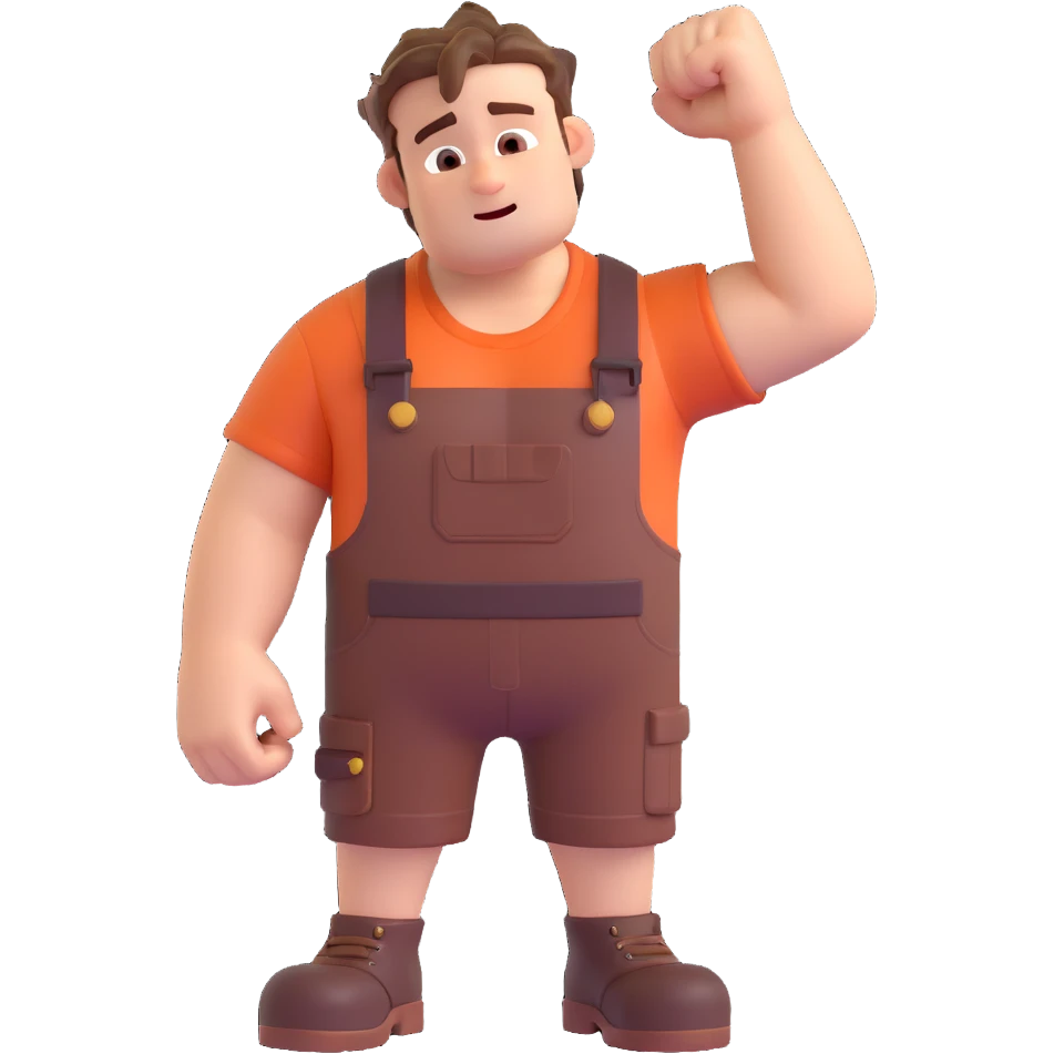 Wreck-It Ralph man with short messy hair, brown overalls, boxy figure with big arms emoji