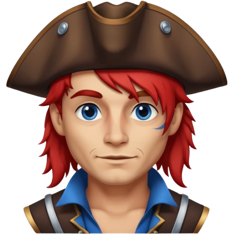 flirting french pirate with a chin dimple blue eyes and hair that fades from red to brown and a wolfcut hairstyle emoji