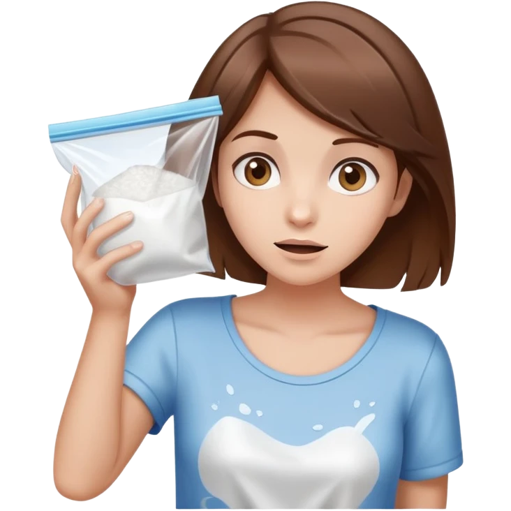 Brown hair Girl shrugging holding a clear plastic bag with white powder emoji