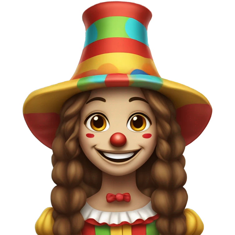 smiling clown girl with clown face paint wearing jester hat with straight long brown hair with a big smile  emoji
