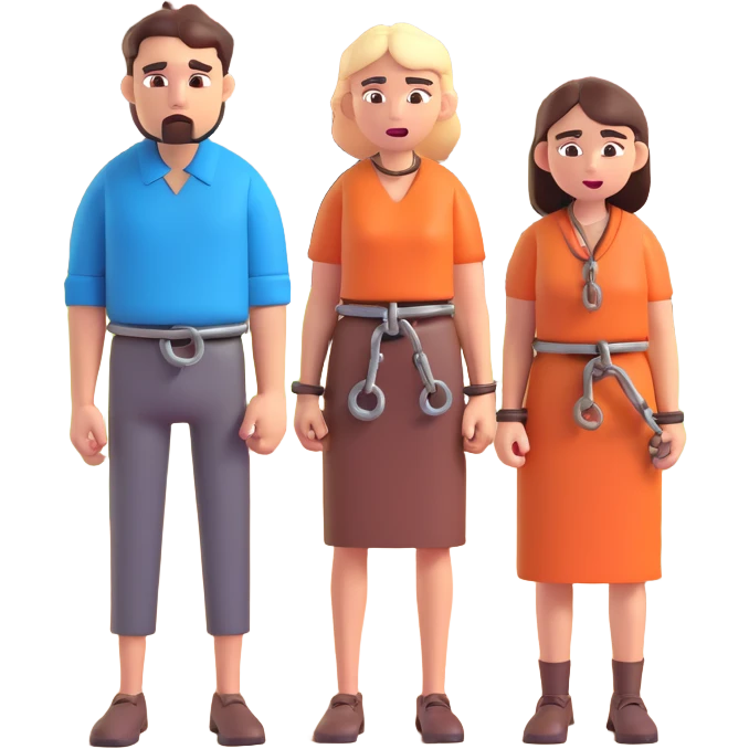expressive emoji style man and woman in simple rural outfits chained at wrists standing before a village with angry shouting villagers behind bright cartoon colors emoji