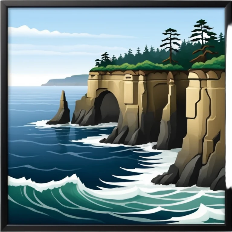 Cape Flattery dramatic cliffs with ocean waves and confluence of the Strait of Juan de Fuca and the Pacific Ocean, simple and iconic, Apple emoji style, no text emoji