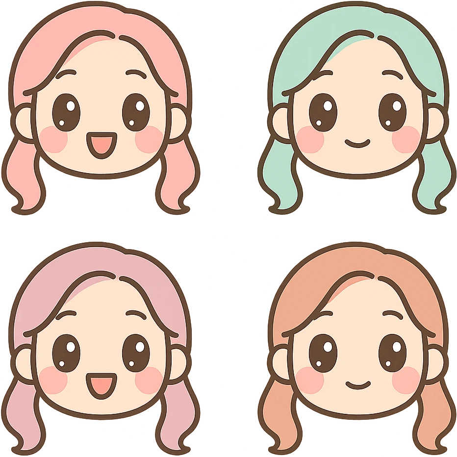 Convert the girl in the image into a set of kawaii style emoticons with transparent background, focusing only on the face and simple expressions. Kawaii style supports text but keep the expressions simple and cute. emoji