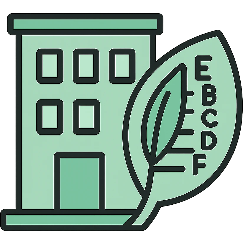 Skeuomorphic green building certification icon with mint green #B5F4D3 and black #111111 color scheme, showing a building with energy efficiency rating, clean symmetric design with subtle depth and soft light emoji