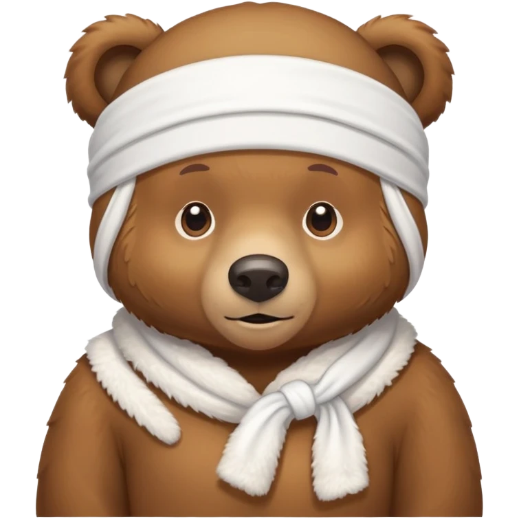Brown bear wearing a white durag on its head, cute face emoji
