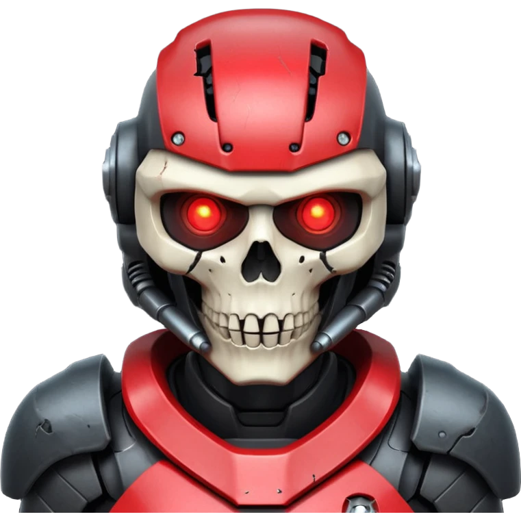 futuristic war robot portrait, head and shoulders only, skull-inspired helmet, glowing red eyes, cracked metal face, dark armor collar, battle scars, dramatic lighting, 3D cartoon, mobile game icon style, clean background, no text, no watermark
 emoji