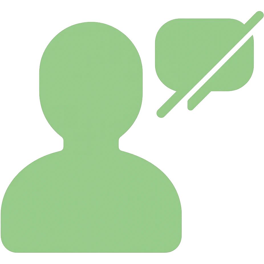 Disengaged user silhouette with a crossed-out chat bubble in minimal modern icon style, green color variation, no background. emoji