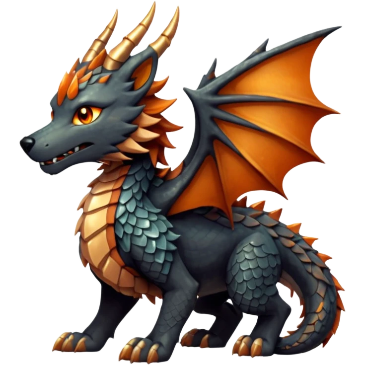 Majestic wolf-like dragon with red sandstone scales and layered plates resembling canyon rock formations. Crystallized mineral mane with copper and gold hues runs down its neck and back. Obsidian claws, amber eyes, and a tail of stone spires. Pokémon style. orange-ish brown fur/scales. emoji
