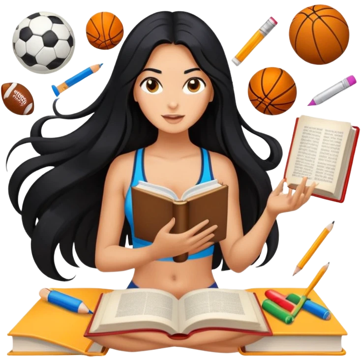 differemt hobbies floating back ground, 1 book, art, and sports, tanned long black hair woman, sexy emoji
