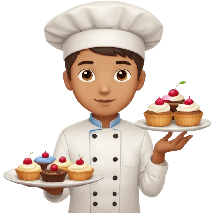 a boy chef with a plate of delicious desserts emoji