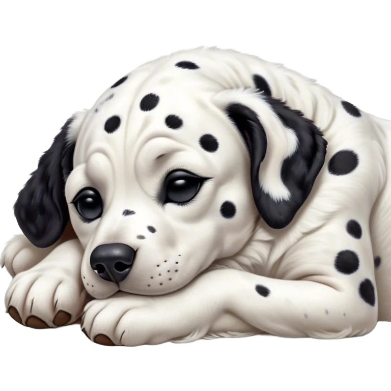 Meme-Worthy Cute Sleeping Spotted Dalmatian Portrait Emoji, Head resting peacefully with a contented smile, showcasing a delightfully majestic build and a luxuriously soft Fur of predominantly white with bold black patches, eyes shut in a serene nap, Simplified yet hilariously adorable features, highly detailed, glowing with a soft, drowsy light, high shine, relaxed and utterly lovable, stylized with an air of playful laziness, bright and heartwarming, soft glowing outline, capturing the essence of a comically sleepy guardian, so meme-worthy it feels like it could instantly become the next viral sensation of adorable slumber! emoji