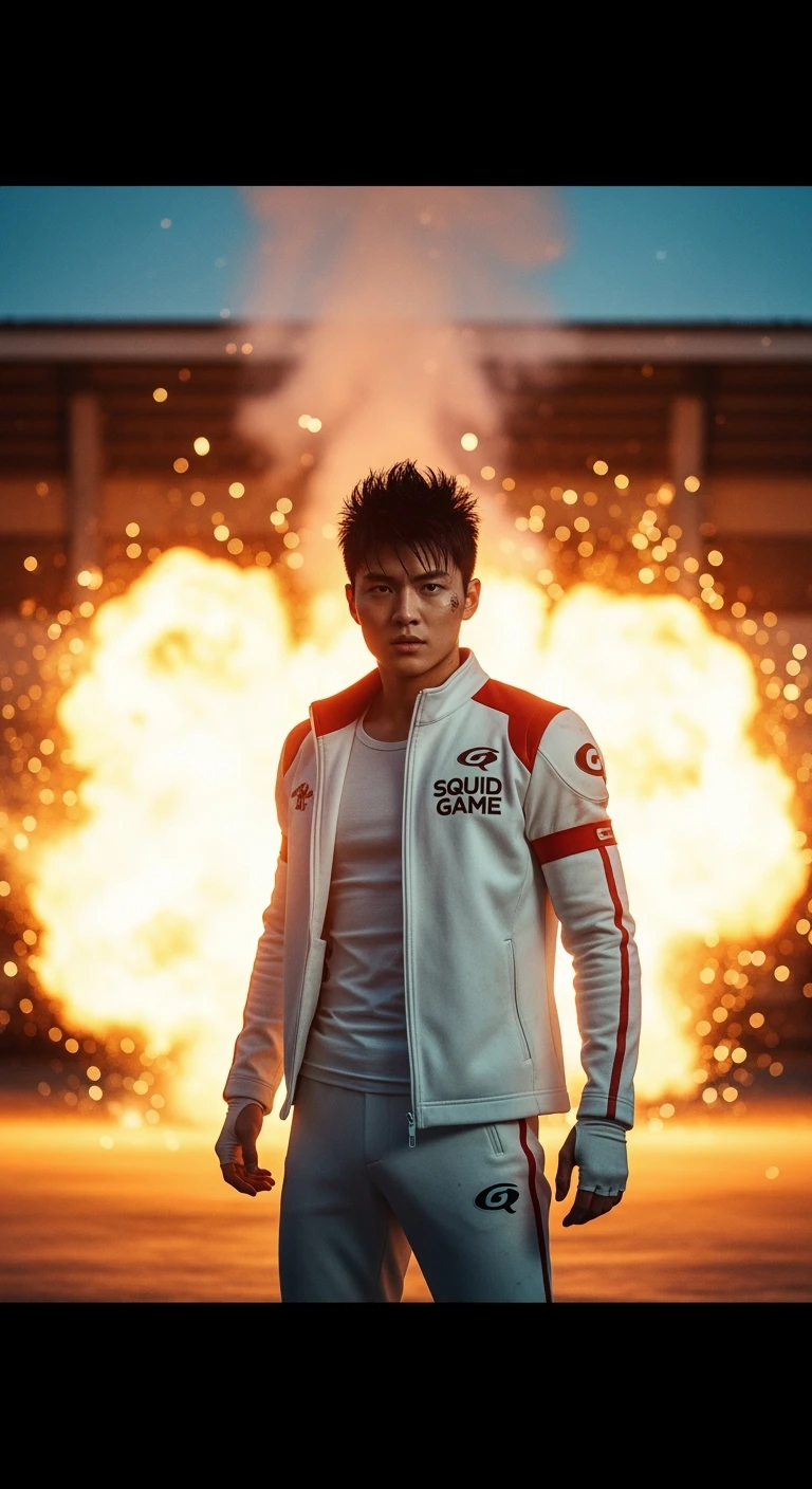 Cinematic still from "squid game" character movie, explosion in background emoji