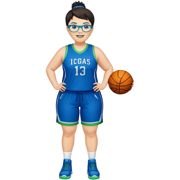 Full Body plus size white female basketball player with short dark hair with highlights spike hair wearing blue glasses  wearing blue green uniform smiling emoji