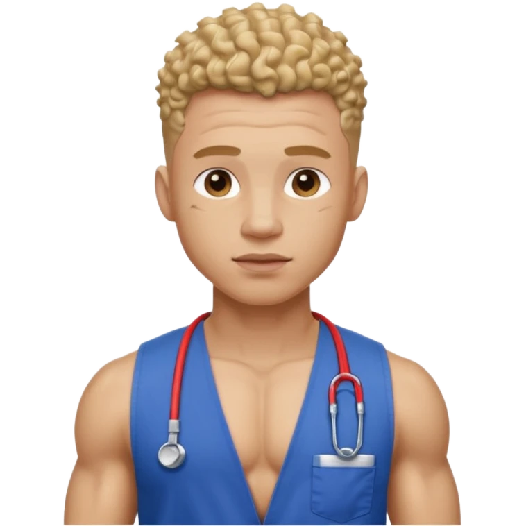 Ripped, athletic man with thick neck, high top fade with no part, curly hair only top only, no shirt and show waistline up add scrubs emoji