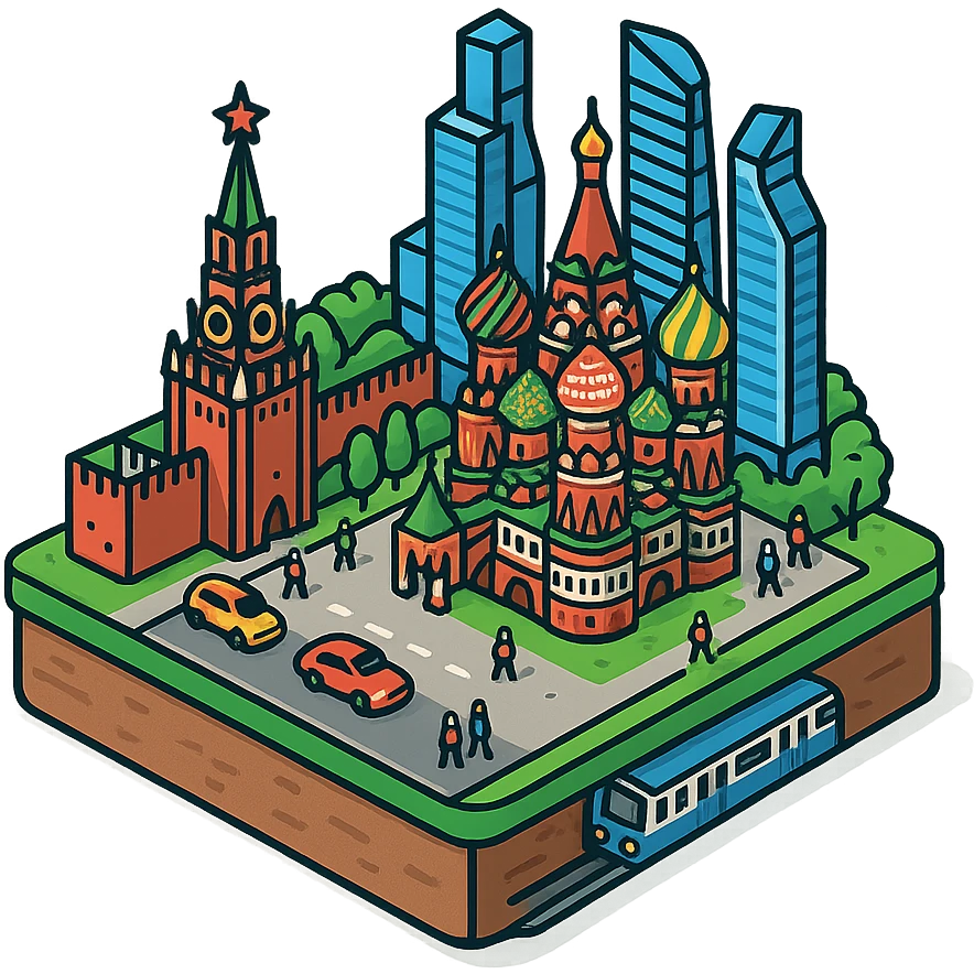 Изометричная миниатюрная фотореалистичная 3D модель Москвы на подставке - Кремль, собор Василия Блаженного, фотореалистичные Башни Москва-Сити, аккуратная детализация, четкие линии, яркие цвета, мультяшный реализм, гуляют люди и современный автотранспорт и метро, компактная композиция, вид сверху в изометрии, прозрачный фон emoji