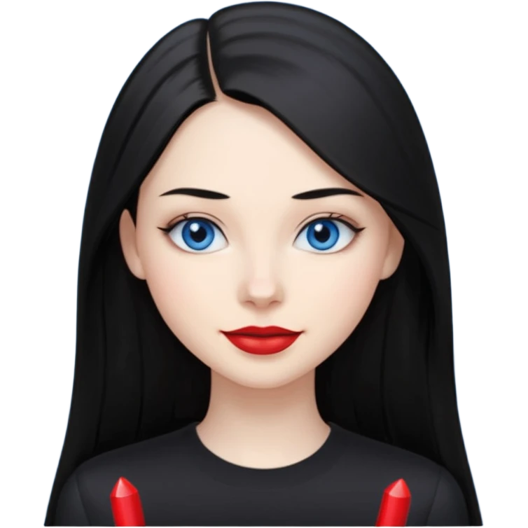 20 yr old woman long straight black hair, pale skin, blue eyes, red lipstick, black clothes, small smile emoji
