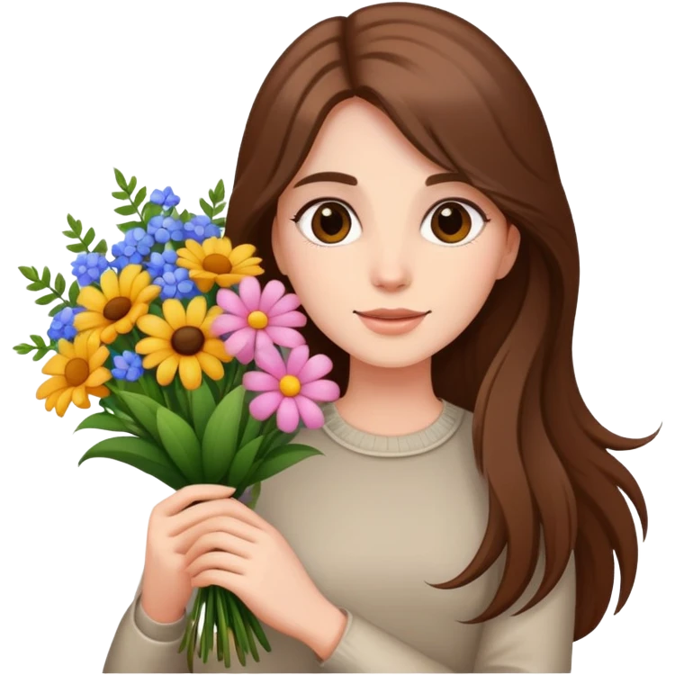 A cool girl with long brown hair and fair skin holding a bouquet of flowers emoji