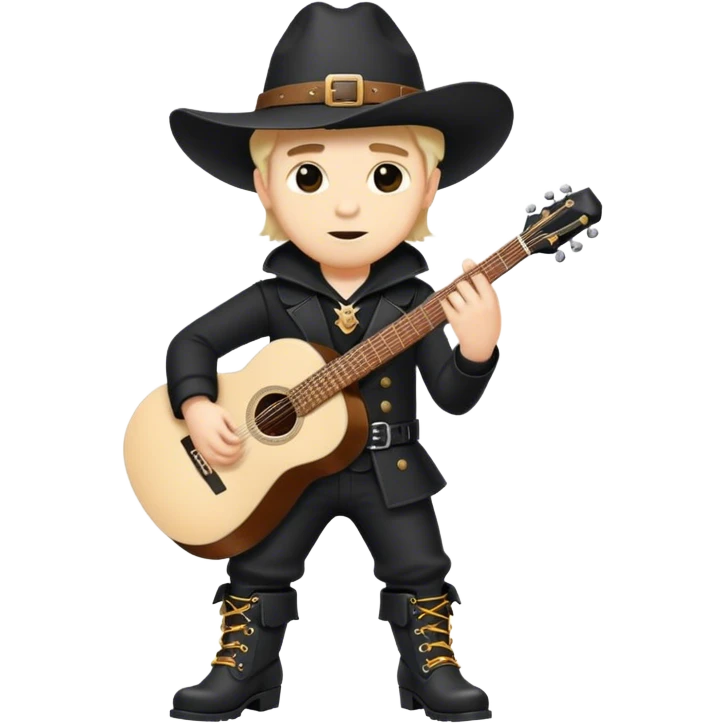 Short, almost dwarfish man dressed in black with big boots and a huge hat with a guitar emoji