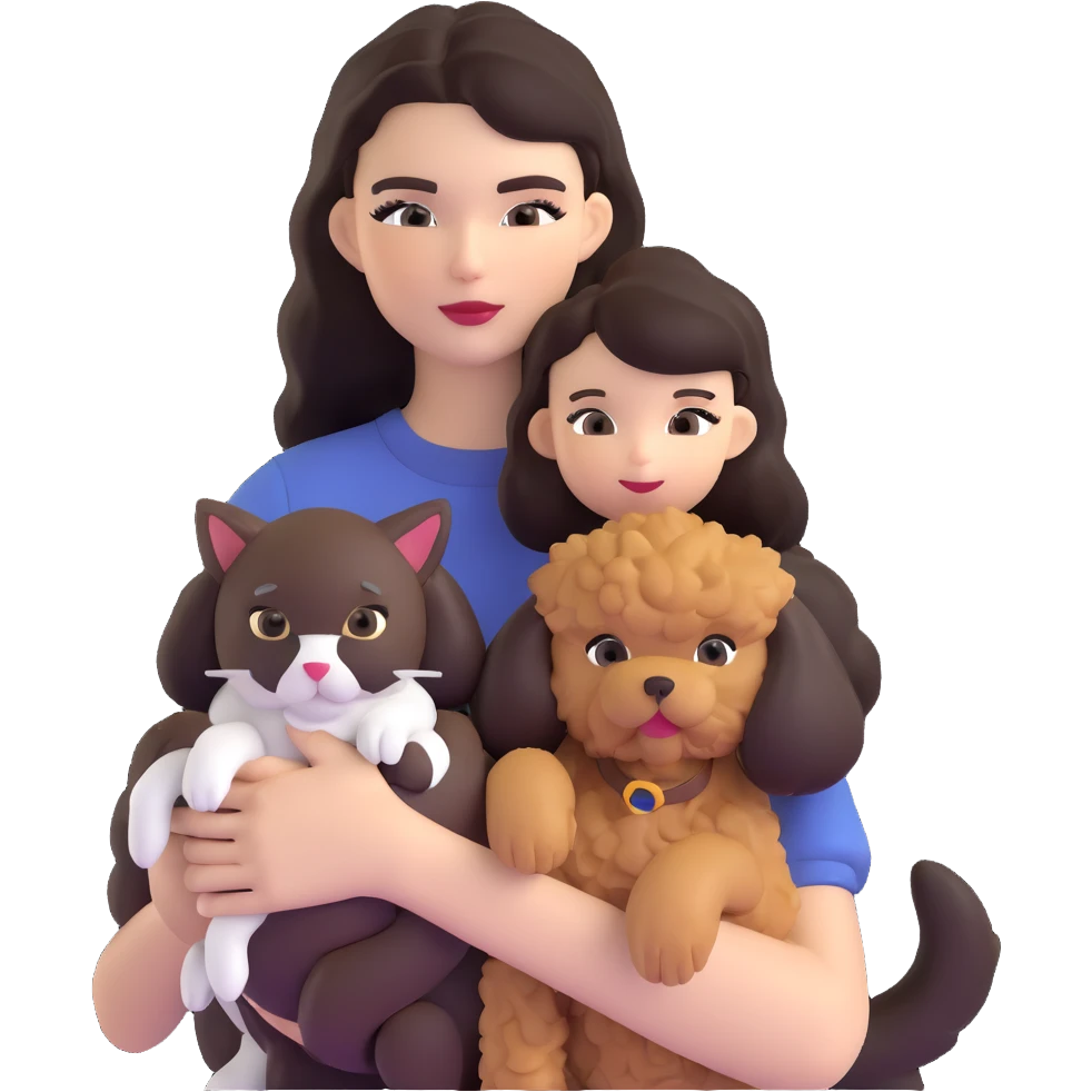 Kendall Jenner with long dark hair, holding a brown poodle and a black and white cat emoji