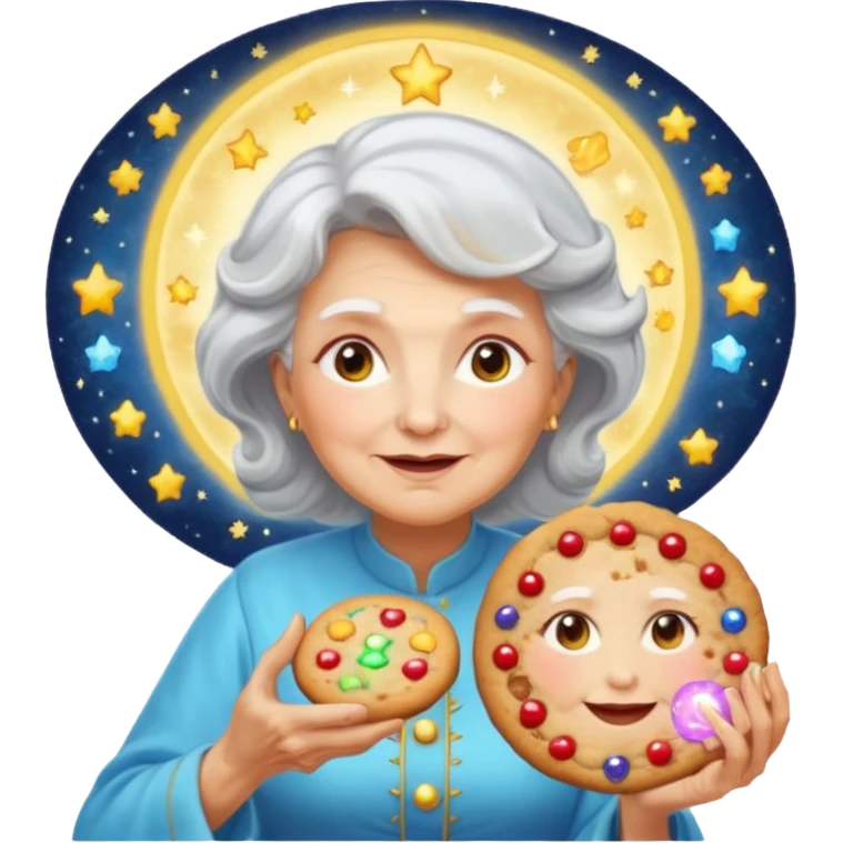 Portrait of a divine grandma with a glowing halo and radiant cookie aura, celestial kitchen with floating ingredients, surreal heavenly light, emoji-style emoji