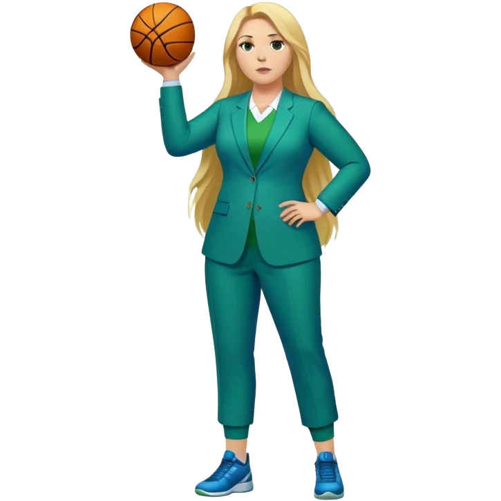 Full Body white plus size female basketball head coach with long blonde hair in a blue and green suit emoji
