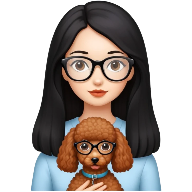 A beautiful girl with fair skin has long straight black hair with glasses and a miniature reddish-brown Poodle. emoji