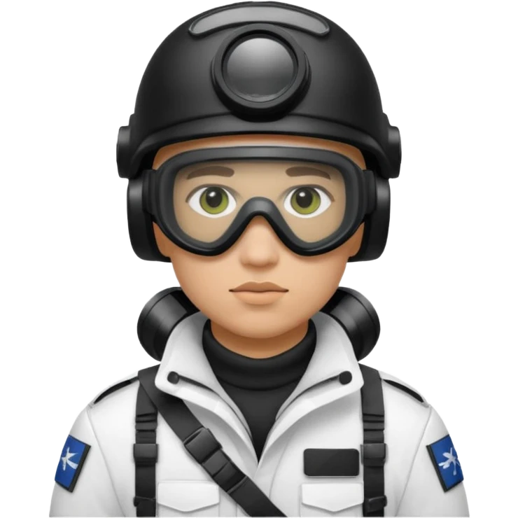 A Finnish modern soldier in a white snow uniform. with black night vision goggles emoji