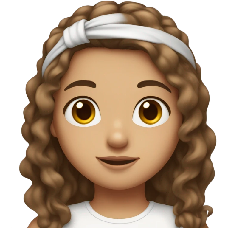 Girl with Brown hair, wavy long hair, Brown eyes, tee shirt White and Headband in the hair and clear skin emoji