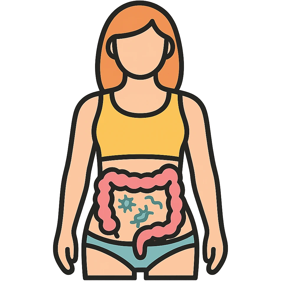 educational icons style female body section, intestine with few parasites represented as simple transparent symbols, delicate colors, infographic style, 4K resolution emoji