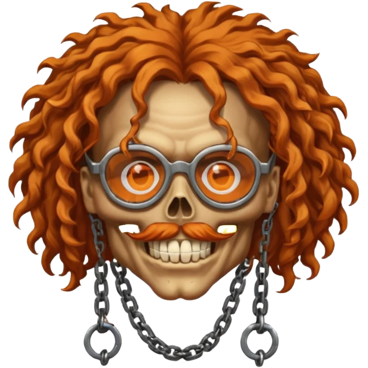 steam-punk Megadeth - iconic skull with rusty glasses and chains on his teeth, orange curly huge hair emoji