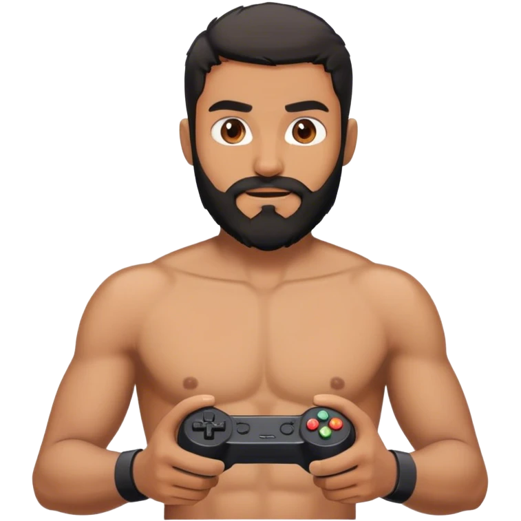 brown guy with black beard shirtless playing video games emoji
