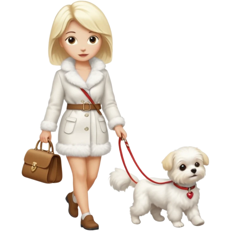 blonde woman, walking a small maltese dog. emoji