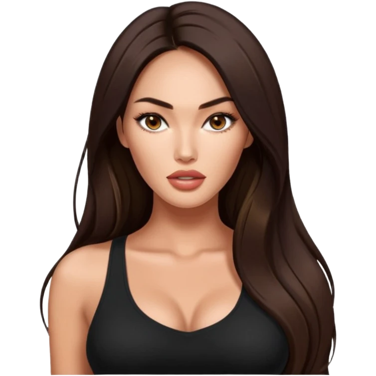 Megan fox, fashion model Beautiful woman model adult   large breasts  with monolid narrow dark brown eyes tan  skin, full lips  long hair model with black top   emoji