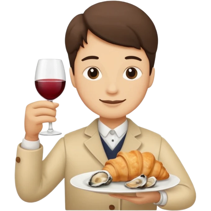 French cuisine humanless avatar in clean emoji-style illustration. 1 Croissant, oysters and wine glass, soft beige tones, simple shapes, flat design, refined and cozy. emoji