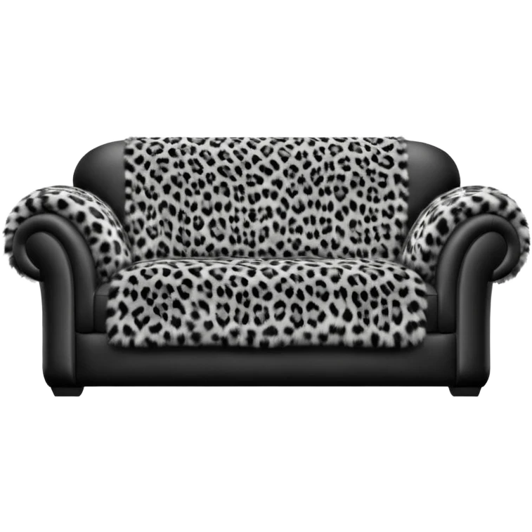 detailed, hyperrealism, still life style, beautiful realistic black leather sofa, with a realistic black, white and gray leopard print fuzzy blanket emoji