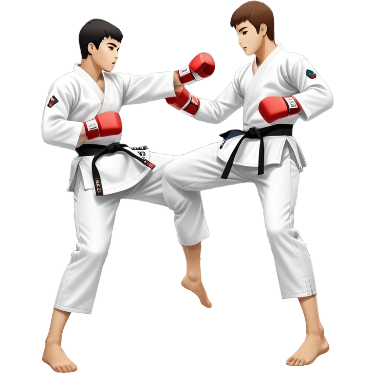 Two taekwondo fighters in traditional white doboks with black belts compete in a dynamic match. One executes a high spinning kick, while the other blocks skillfully. The background features a professional arena with bright lights and spectators. Transparent background. emoji