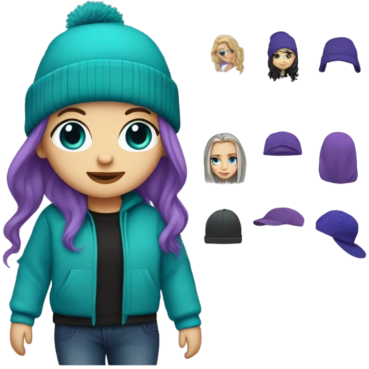 White girl, blue eyes, long teal hair, purple beanie hat, black hoodie, blue jeans, black shoes emoji