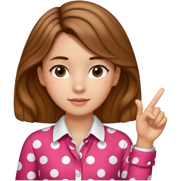girl wearing a polka dots  shirt style, and poiting witgh her hand, her hair brown  emoji